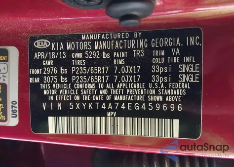 2014 Kia Sorento Lx V6 из США, поврежденный, VIN 5XYKT4A74EG459696